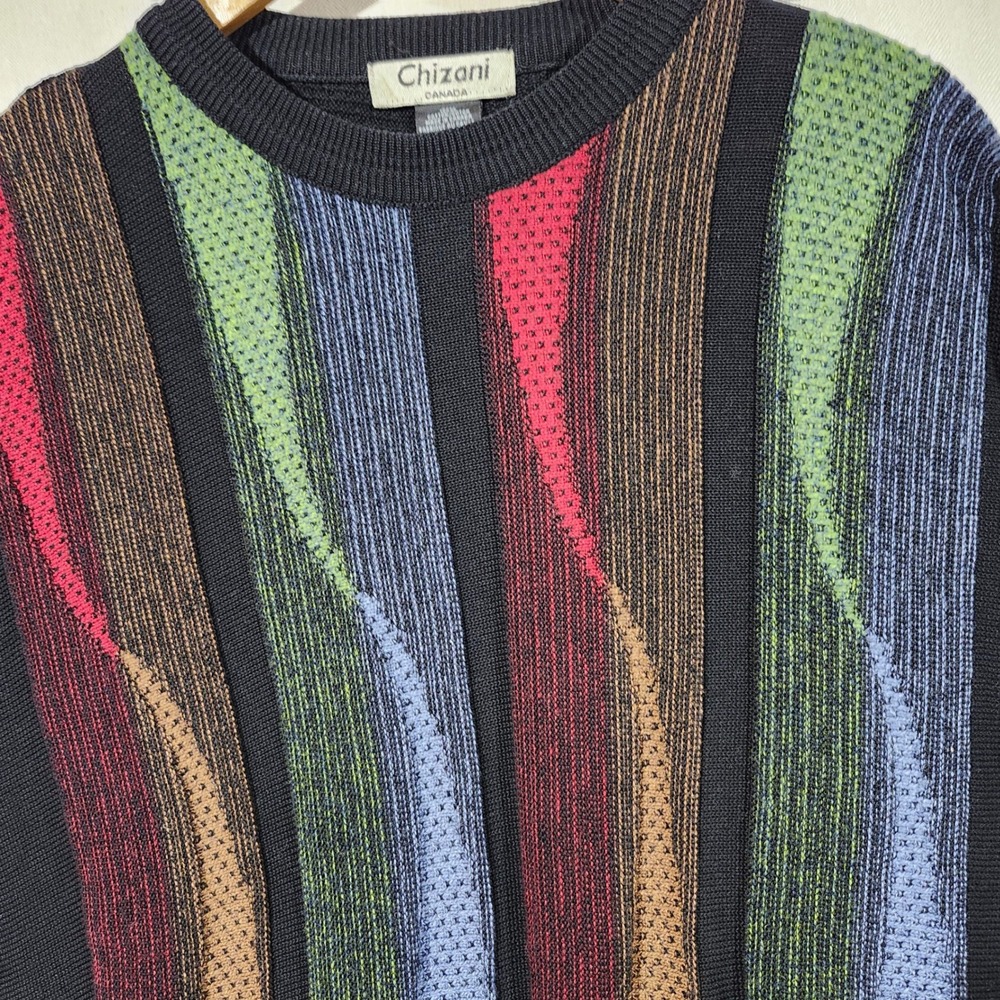 Chizani Canada Mens Colorful Knit Crew Neck Long Sleeve Sweater VTG Coogi Style - Picture 3 of 9